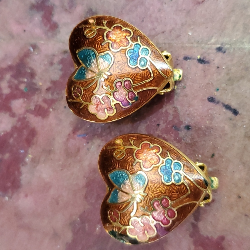 Vintage cloisonne heart butterfly clip earrings